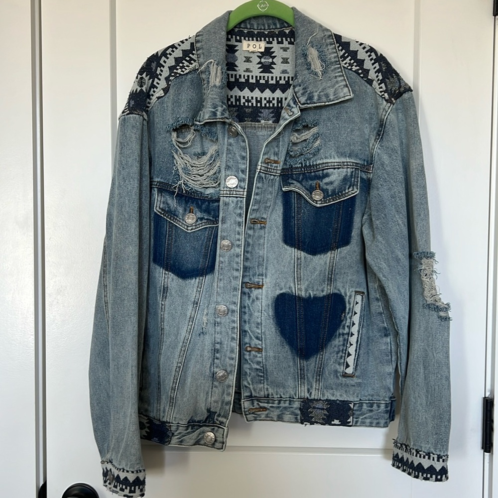 POL Aztec Heart Denim Distressed Jacket L
